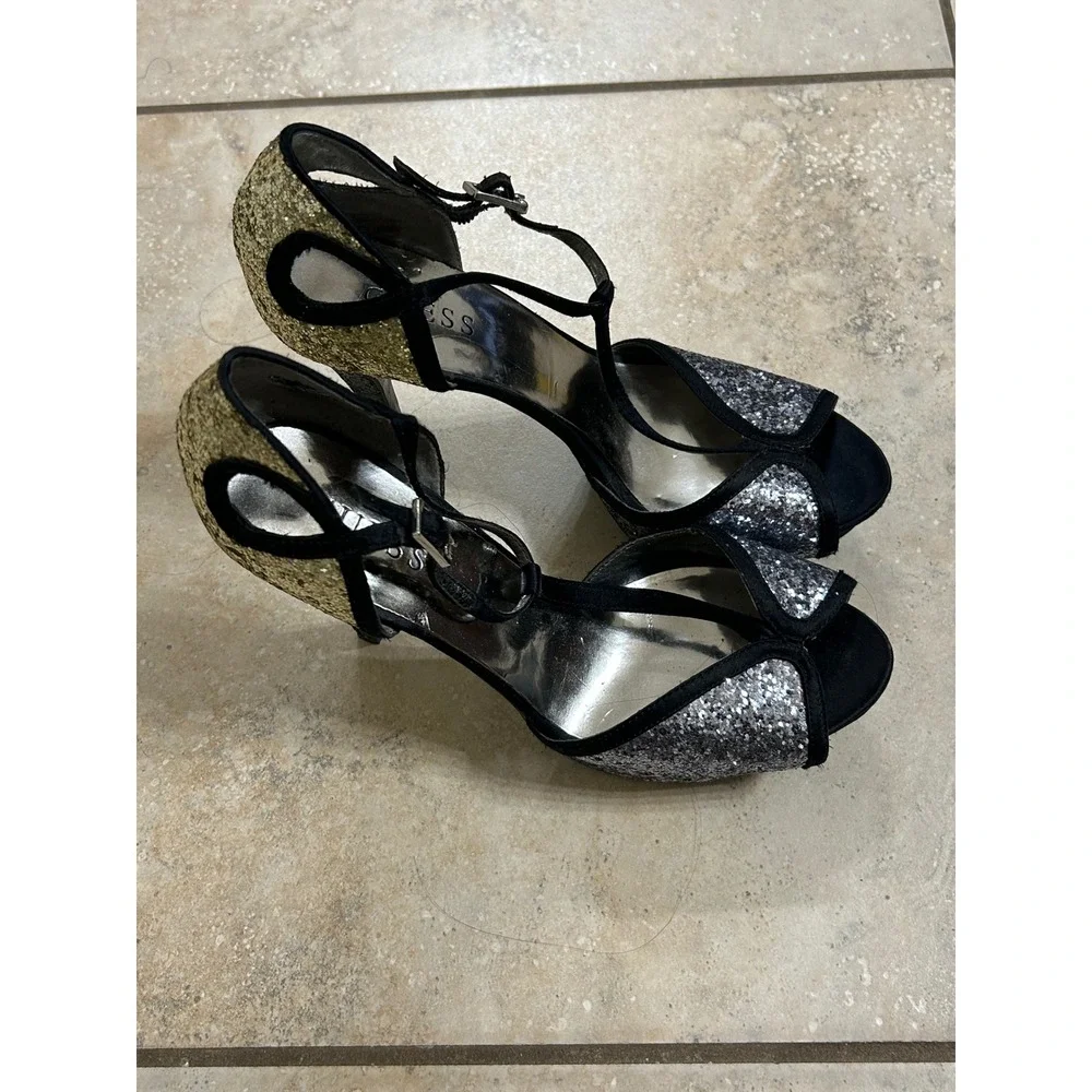 Guess Heels Silver Glitter Gold Black Ankle Strap Peep Toe Party Shoes‎